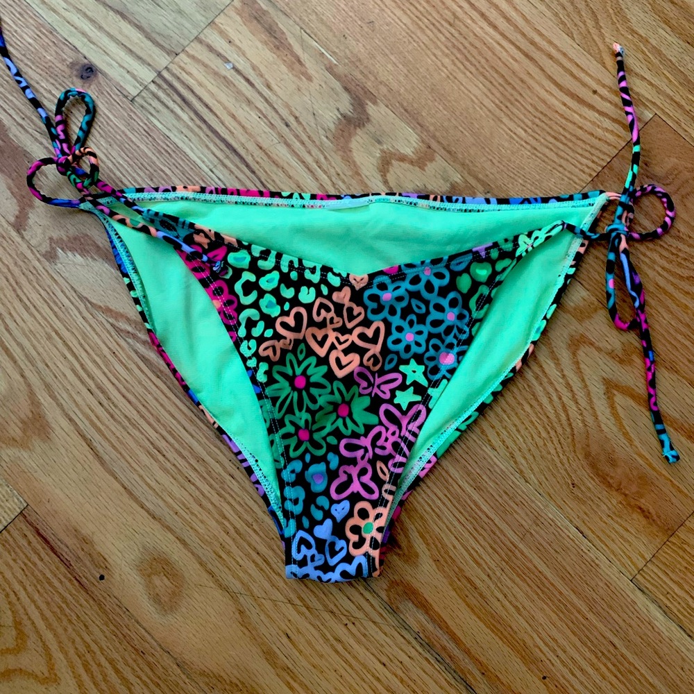 No Boundaries Green and Pink Tie-Side Bikini